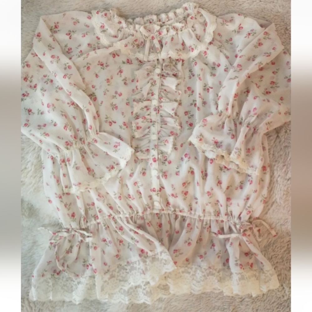 COPY - Mezzo Piano Shirt, Size 140cm, Pink Flowery, Lace Trim